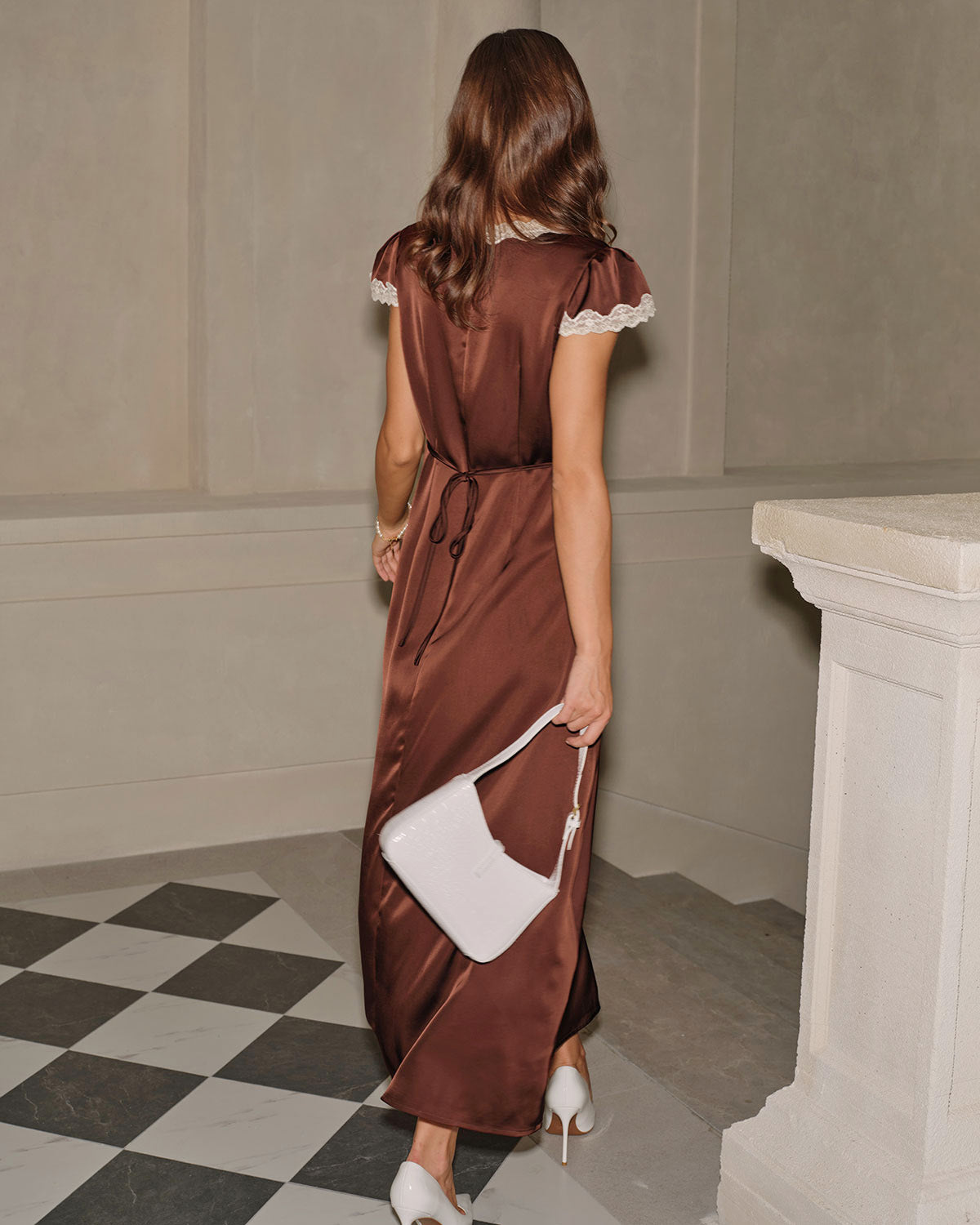 Brown Satin V-Neck Lace Maxi Dress