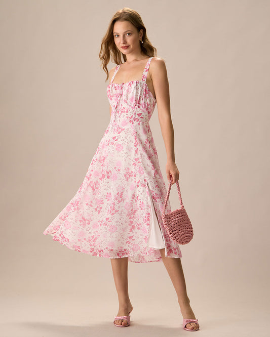 Pink Midi Dress with Square Neck, Floral Pattern, and Ruffles