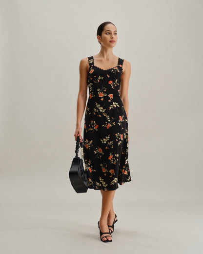 Black Floral Maxi Dress with Ruffles and Spaghetti Straps