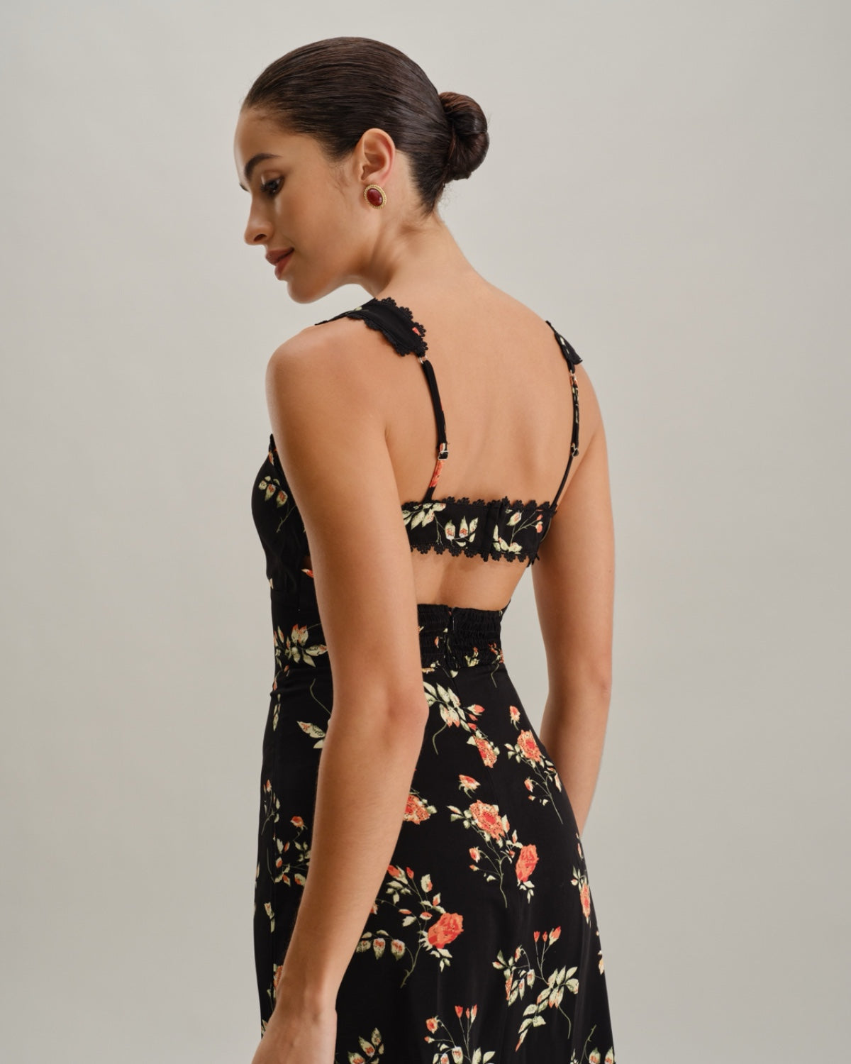Black Floral Maxi Dress with Ruffles and Spaghetti Straps