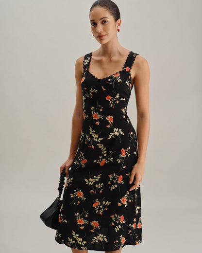 Black Floral Maxi Dress with Ruffles and Spaghetti Straps