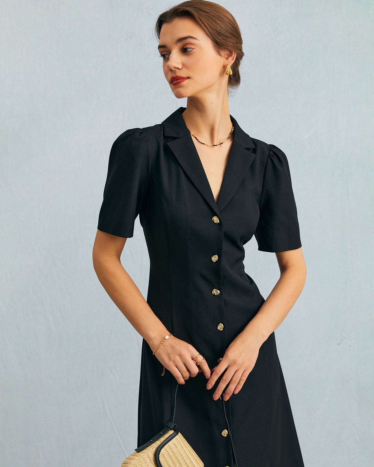 Black V-Neck Button Puff Sleeve Midi Dress