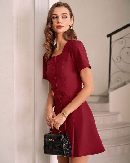 Red U-Neck A-Line Mini Dress